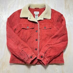 LL Bean Orange Corduroy Sherpa Lined Trucker Jacket Women Medium